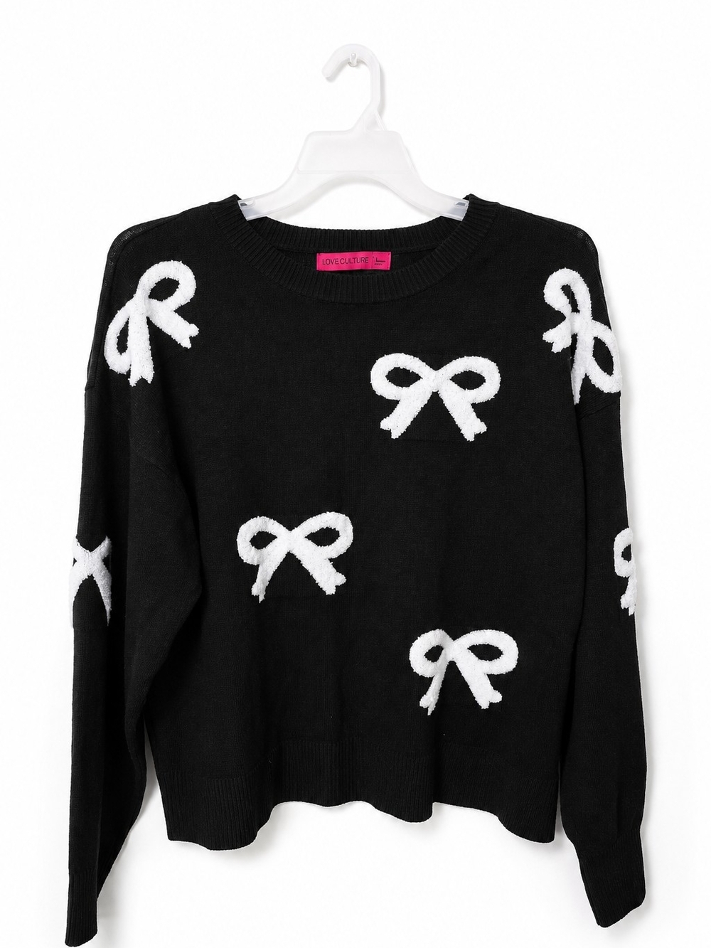 Love Culture Black Crewneck Sweater with White Bow Appliqués